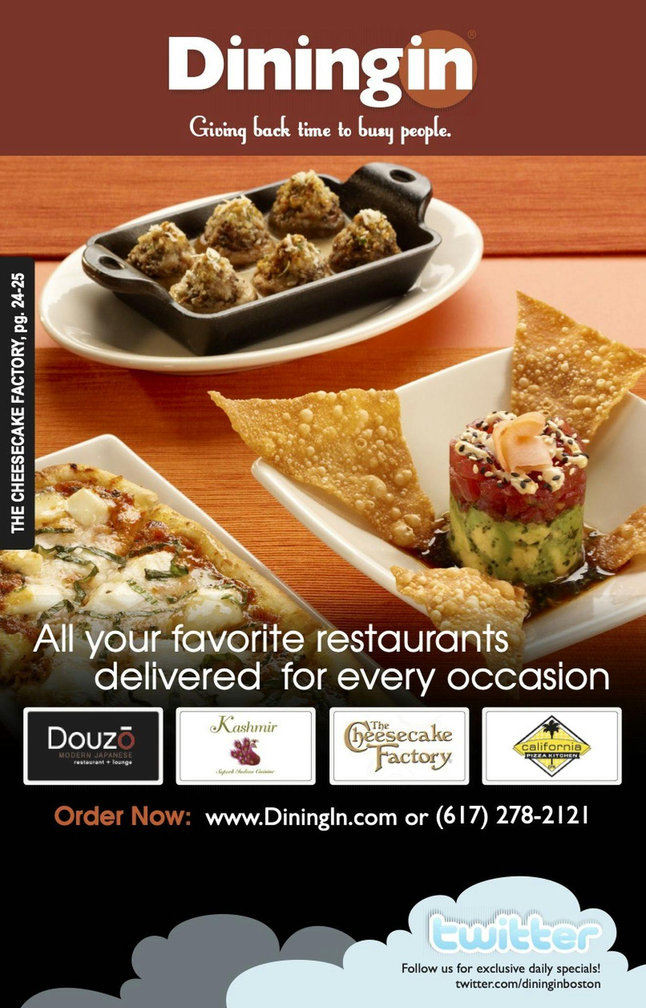 Front cover of a DiningIn direct mailer featuring many restaurants and menus that DiningIn partnered with for food delivery.