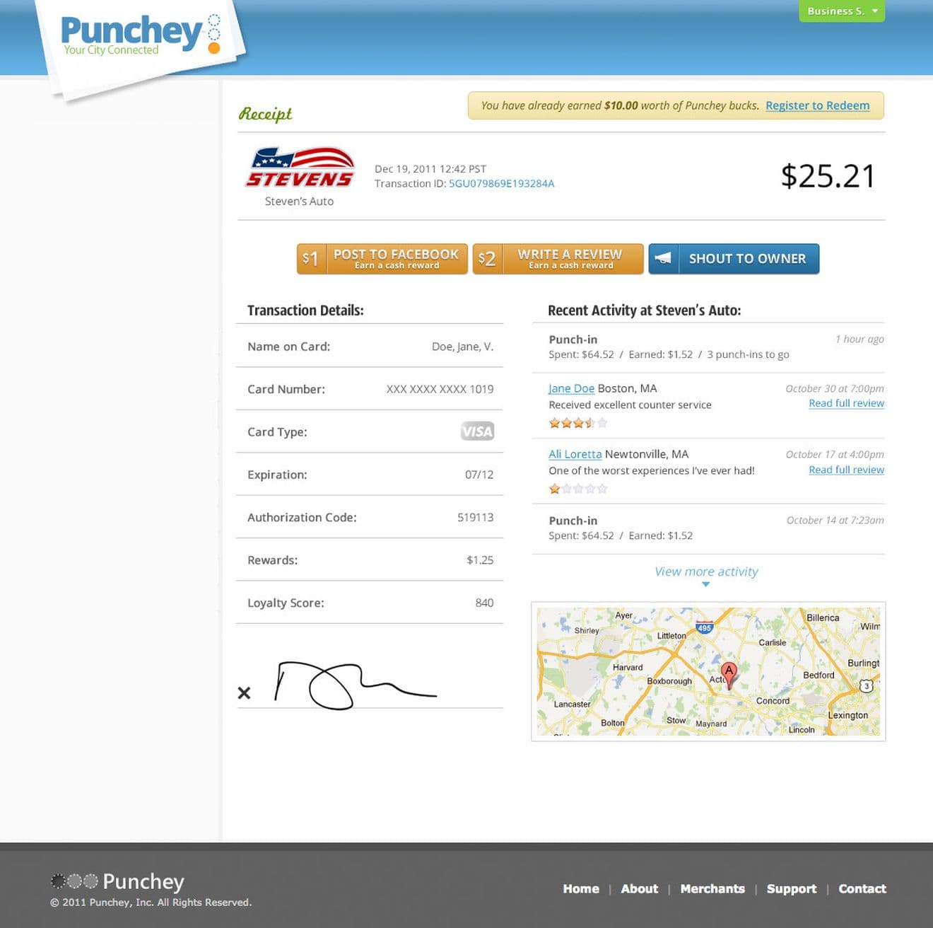 A recent receipt shown to a user after they purchase from a local participating business