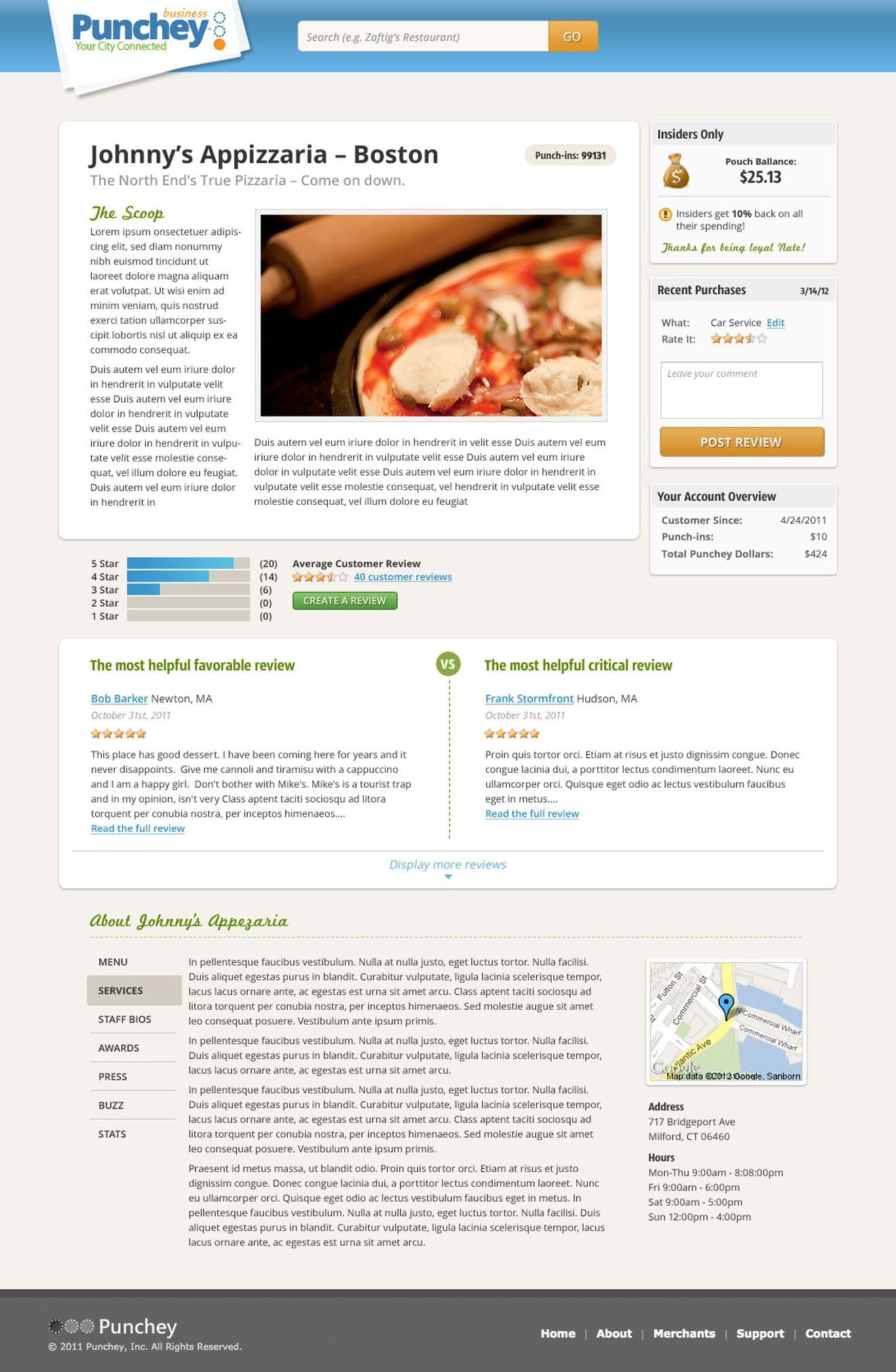 A local business landing page, providing a space to show customer reviews, as well as loyalty rewards information