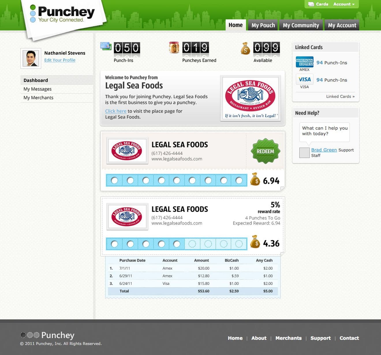 A view of a user's current loyalty rewards collected at various businesses they frequent