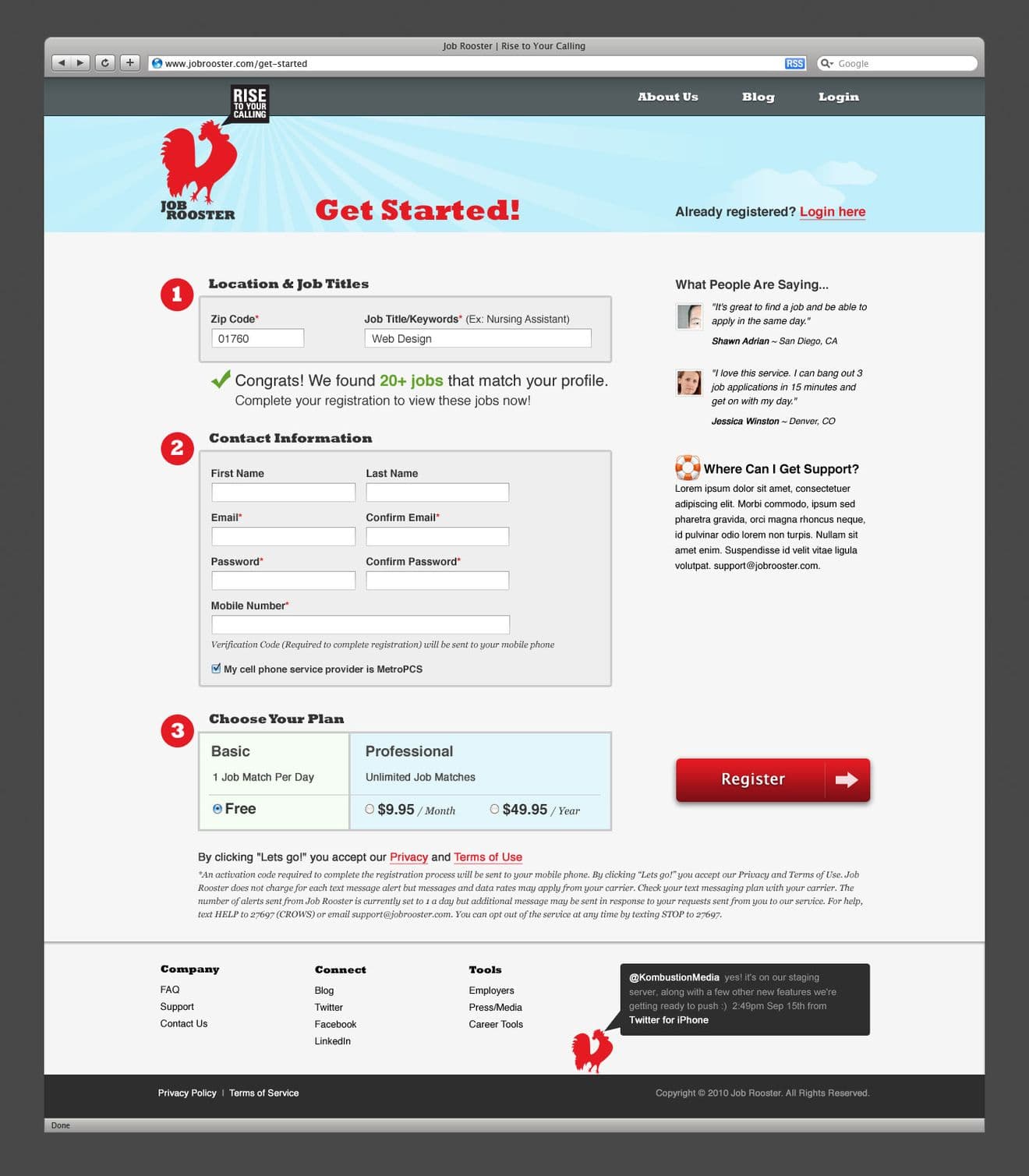 A sign-up form shown to new job seeking registrants 