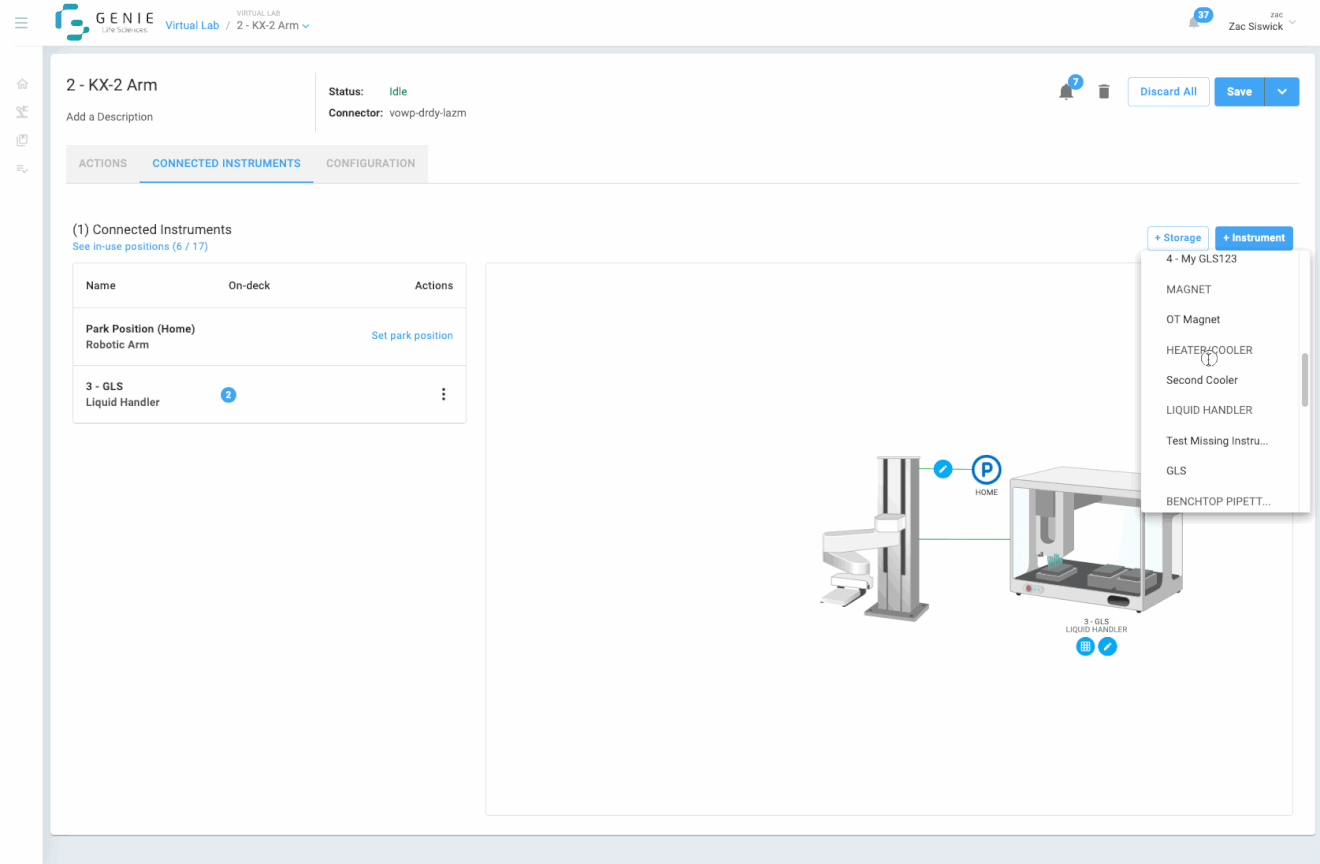 A demonstration of the workflow for adding new connected instruments and storage to the arm, and configuring them.
