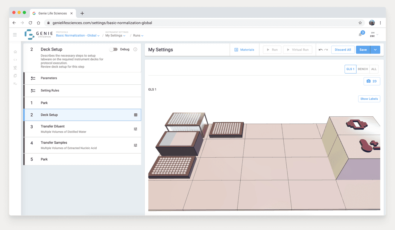 Instrument settings with 3D deck view